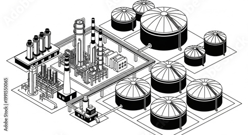 Industrial oil storage tanks and processing plant complex.