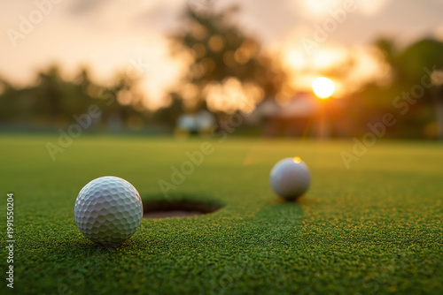 Lifestyle, golf, activity, outdoor, sport, golfer concept. Golf balls that are going to be hole by golfers at the green grass golf course at sunset