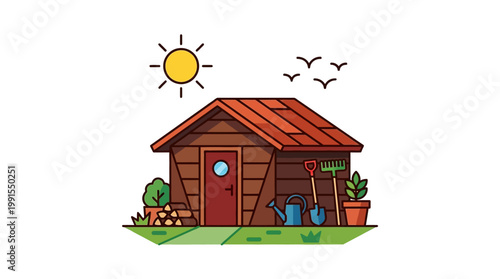 Small brown wooden house with red roof.