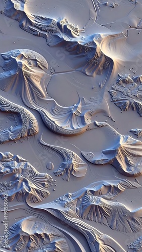 Abstract Thick Gray Paint Sculptural Texture With Rippled Peaks And Deep Shadows Under Dramatic Side Lighting In A Macro Top Down View