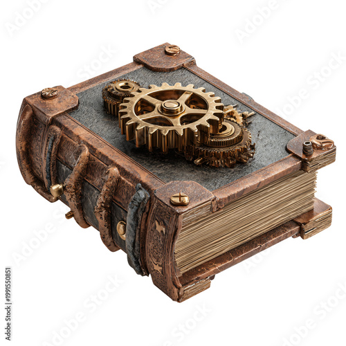 Steampunk Book and Gear Isolated on White Background for Creative Designs
