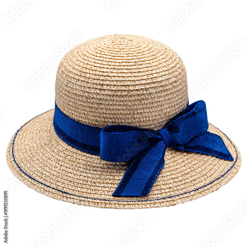 Professional Isolated Sun Hat Straw Hat Blue Ribbon Women Summer Image