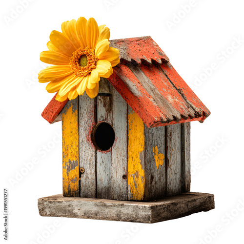 Professional Isolated Wooden Birdhouse Coral Roof Yellow Flower Stock Photo