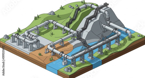 Industrial Water Treatment Facility with Pipelines and Tanks.