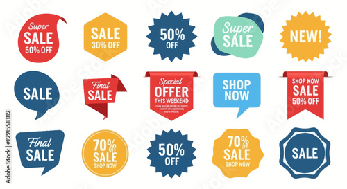 Collection of Sale and Discount Tags with Special Offers and New Arrival Labels for Retail Marketing