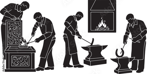 Blacksmiths at work, metalworking illustrations, industrial labor, craftspersons, vector graphics