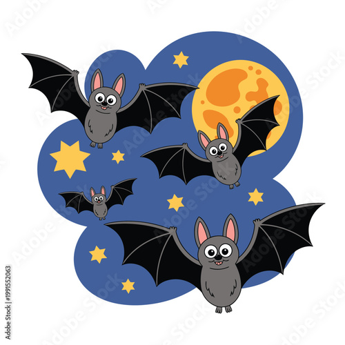 A cartoon illustration of bats flying in the night sky