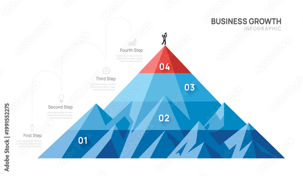 Obraz premium 4 Step Business mountain pyramid infographic ascending Steps success strategy and financial growth process. presentation vector infographics.