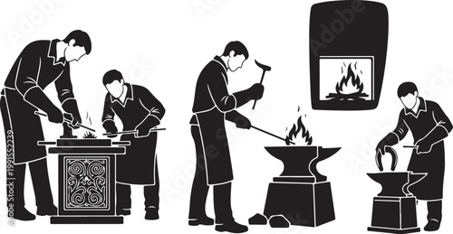 Blacksmiths at work, industrial labor, metalworking, craftsmanship, vector illustrations