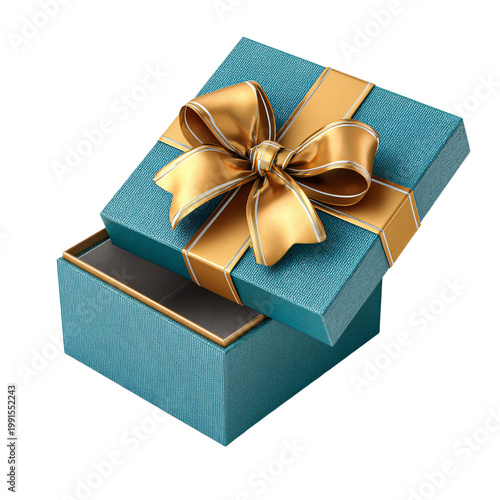 Open Turquoise Gift Box with Golden Ribbon Isolated PNG - Professional High-Quality Image for Marketing and Design Projects