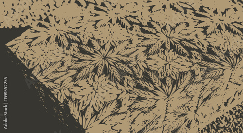 Artistic rendering of cannabis plants in geometric pattern vector style illustration with beige and dark gray color scheme