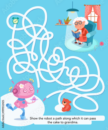 Kids educational vector maze puzzle featuring pink robot finding path to grandma with cake. Colorful cartoon labyrinth game perfect for preschool worksheets and children brain teaser activities in