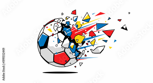 Vibrant soccer ball explodes with colorful geometric shapes flying everywhere outdoors.