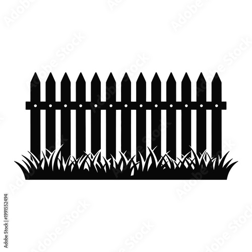 A simple black silhouette of a wooden picket fence outdoors