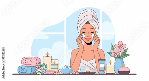 Woman applying skincare products in bathroom with towels and flowers