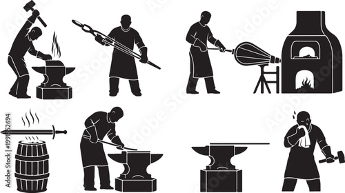 Blacksmith, metalworking, silhouette icons, industrial, craftsmanship, 8 black vector graphics