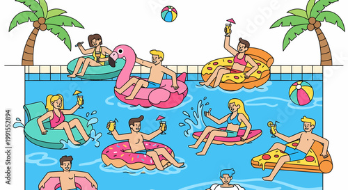 People relax on inflatable rafts in a swimming pool surrounded by palm trees.