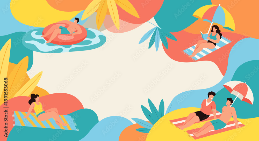 Obraz premium People relax on beach with inflatable rafts and umbrellas nearby