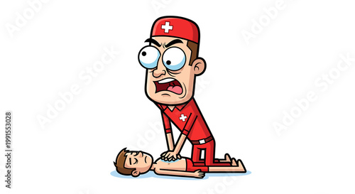 Cartoon illustration of a male paramedic performing CPR on a patient.