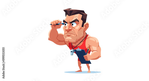 Intense Male Coach with Whistle and Clipboard Concentrating on Game.