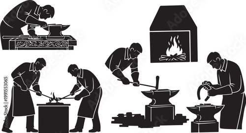 Blacksmiths at work, metalworking illustrations, industrial vector icons, forge tools