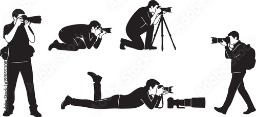 Photographer, photography icons, camera crew, black silhouette, vector graphics