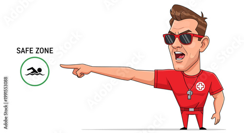 Lifeguard pointing to safe swimming zone, ensuring water safety.