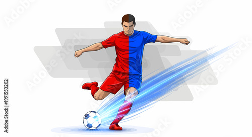 Man kicks soccer ball with motion lines in stadium