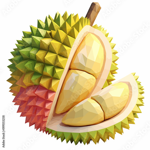 The durian fruit is cut open to reveal its creamy yellow flesh inside.