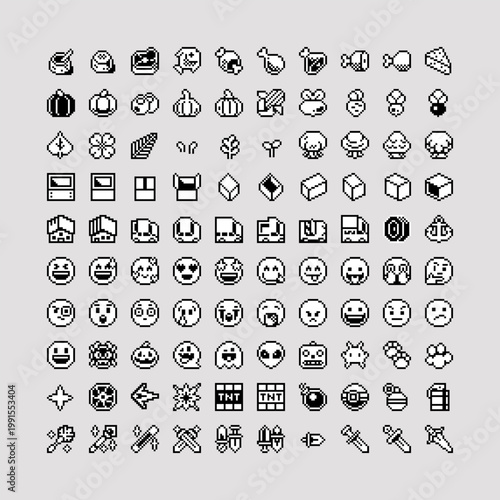 Pixel art icon set in retro 8-bit style, food, objects, emojis, weapons and game elements for UI, inventory systems, indie games and interface assets.