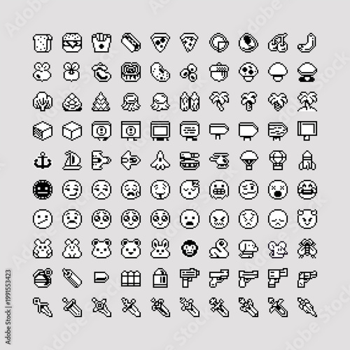 Foto Retro pixel icon set in clean 8-bit outline style featuring food, transport, nature, emojis, animals, weapons and game items