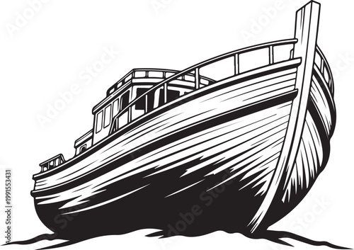 Vintage boat, wooden vessel, nautical icon, black and white