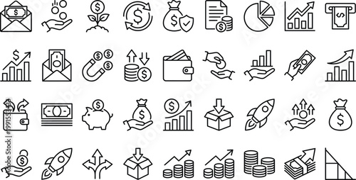Set of line icon related to income, salary, money, business. Outline icon collection. Editable stroke. Vector illustration