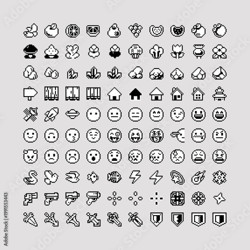 Retro pixel icon pack in clean 8-bit food, plants, crystals, buildings, emojis, weapons and game symbols, monochrome sprites for RPG UI, inventory systems and indie game assets.