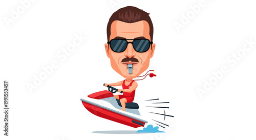 Caricature of a man with sunglasses and mustache riding a jet ski.