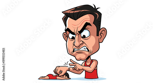 Angry man cartoon character pointing at a small person on the ground.