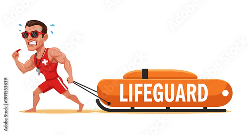 Cartoon Lifeguard Pulling Rescue Board with Determination and Sweat.