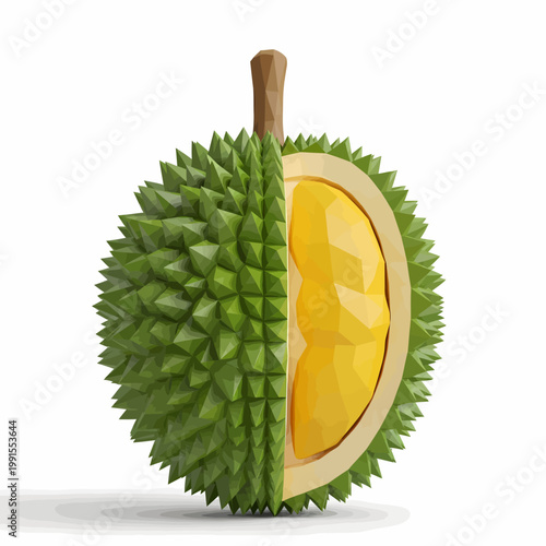 A spiky green durian fruit cut open to reveal yellow flesh inside.