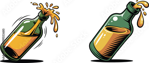 Alcohol bottle splashing and pouring illustration vector. drunk party beverage.