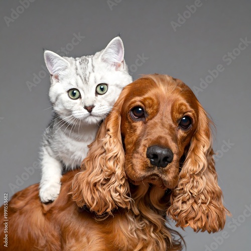 Adorable Golden Cocker Spaniel Dog And Silver Tabby Kitten Posing Together On A Grey Studio Background As Best Friends