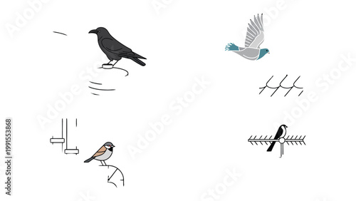 Bird illustrations : a collection of simple bird illustrations for use in various design projects. Each image showcases the elegance and beauty of birds in a simplified form.
