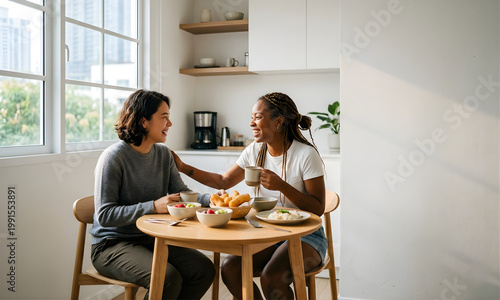 LGBTQ Couple Having Breakfast in Minimal Kitchen
