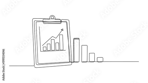 Clipboard with Growing Bar Chart and Declining Bars. Continuous line style. Hand drawn. Line art. Vector design. illustration