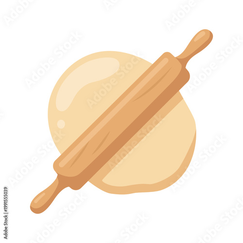 Wooden Rolling Pin and Raw Pastry Dough Vector Illustration