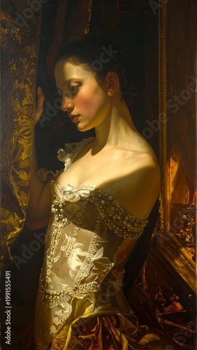 Elegant Young Woman Classical Digital Painting Golden Ornate Corset Pensive Profile Pose Dark Historical Interior Chiaroscuro Lighting