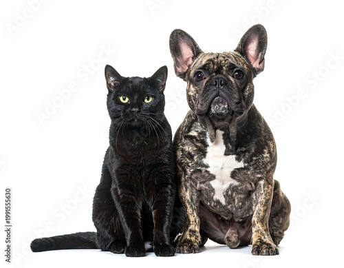 Black Cat And Brindle French Bulldog Sitting Together In A Studio Portrait Isolated On White Background With Calm Expressions And Direct Gaze
