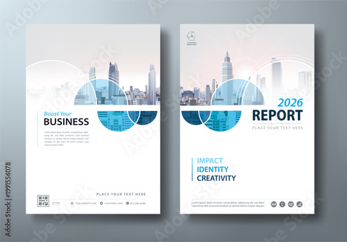 Blue annual report brochure template design, corporate flyer and business presentation layout in A4 size.	
