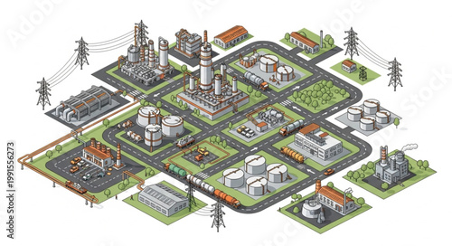 Isometric Cityscape Illustration with Buildings Roads and Green Spaces.