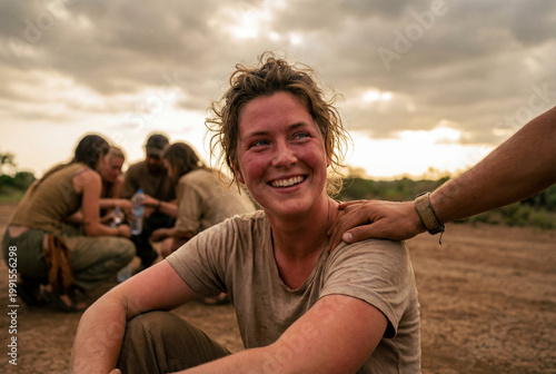 Young woman smiling with friends during an outdoor gathering in open nature at sunset with glowing golden light