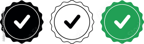 Three checkmark seals black white and green variations for quality assurance